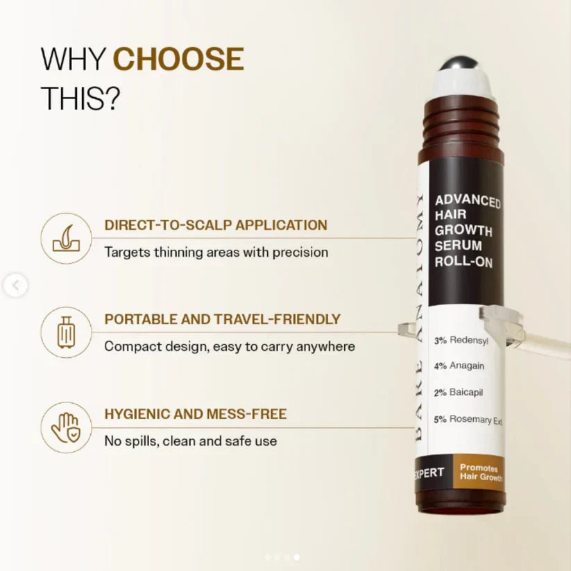 Bare Anatomy Advanced Hair Growth Roll-On Serum | 3% Redensyl + 4% Anagain + 2% Baicapil + 5% Rosemary | Direct Scalp Application for Thicker, Stronger Hair