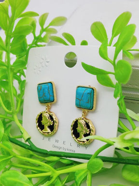 Imported Turquoise Square And Gold Roman Coin Dangle Earrings