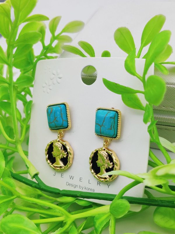Imported Turquoise Square And Gold Roman Coin Dangle Earrings