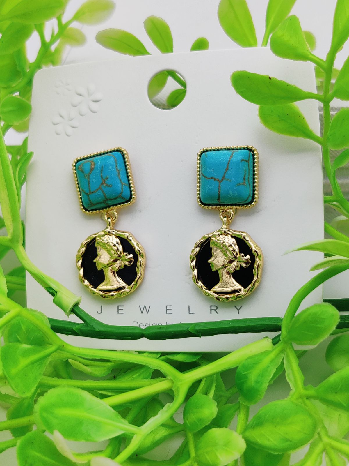 Imported Turquoise Square And Gold Roman Coin Dangle Earrings